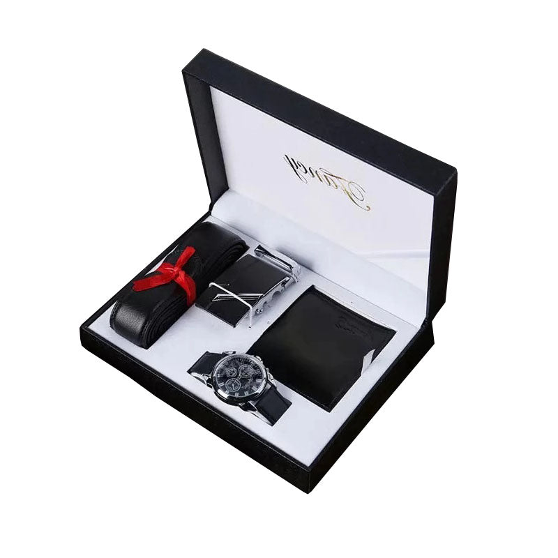 Men's leather buckle belt watch gift set