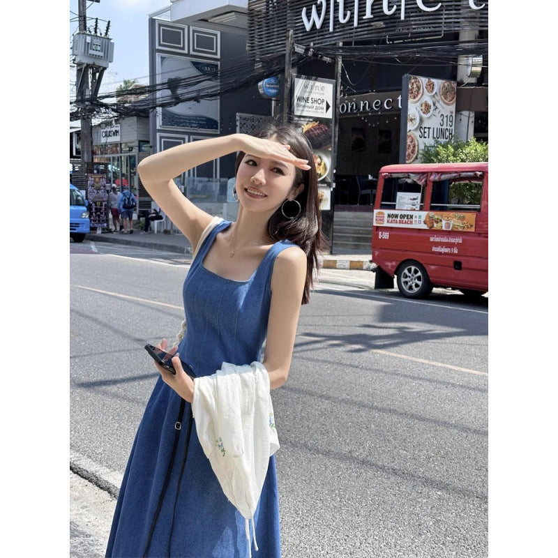 French Style Denim Sling Long Dress