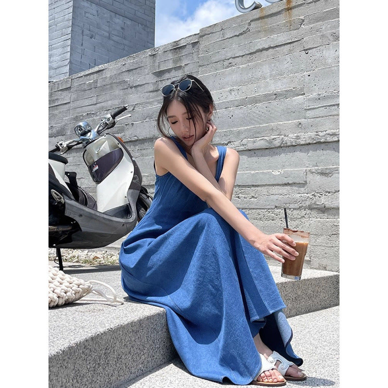 French Style Denim Sling Long Dress