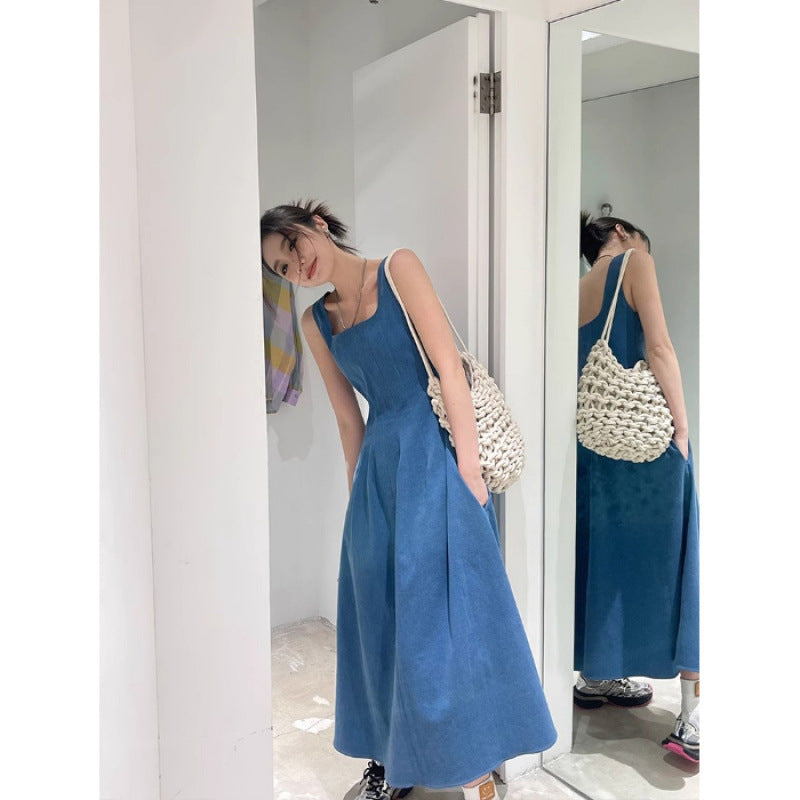 French Style Denim Sling Long Dress