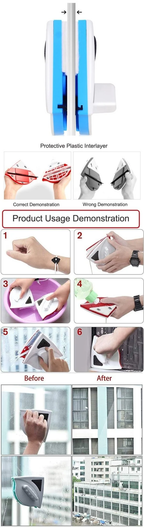 Magnetic window cleaner usage demonstration 6 steps protective plastic interlayer before and after results