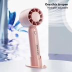 Mini handheld fan pink – one click to open, third gear adjustable, with base stand