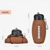 Rugby ball collapsible water bottle 600ml brown showing capacity and portable design