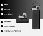 Collapsible silicone water bottle black full size with carry handle and flip lid