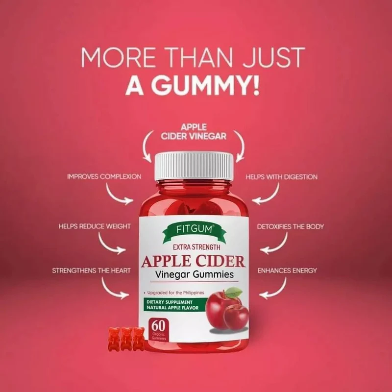 FitGum Extra Strength Apple Cider Vinegar Gummies – 60 Gummies (Natural Apple Flavor)