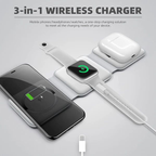 3-in-1 wireless charger in use charging iPhone Apple Watch and AirPods