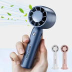 Mini fan held in hand – navy blue, powerful airflow, white and pink color options shown