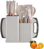 19PCS kitchen set beige with storage block cutting board knives and silicone utensils