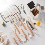 Full 19 piece kitchen set laid flat showing all knives utensils cutting board scissors and storage block