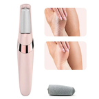 Electric foot callus remover pink with coarse roller head and before/after foot comparison